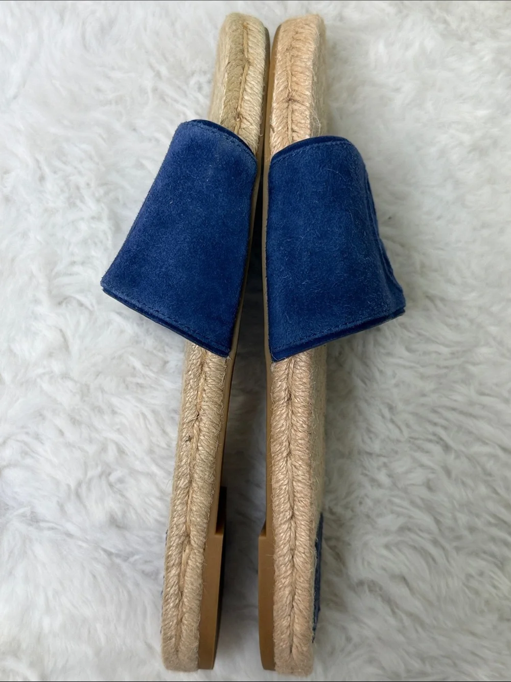 Tory Burch Benton Kid Suede Open Toe Espadrille Slide Navy 7.5 Embossed Logo